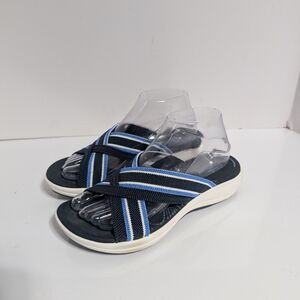 Clarks Navy Blue Striped Cross-Band Slide Sandals